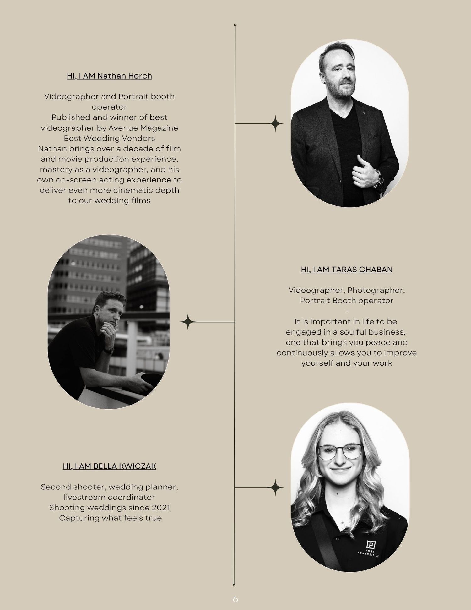 A minimalist layout showcases three black and white professional headshots with accompanying text descriptions.