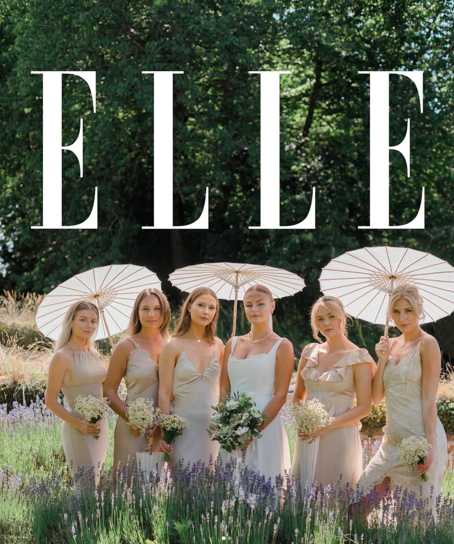 ELLE magazine cover featuring bridesmaids in light dresses holding parasols in a garden setting.