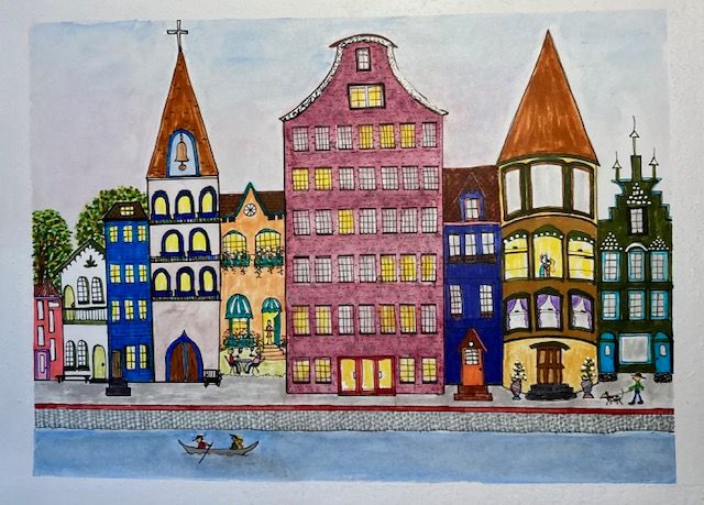 Colorful watercolor cityscape of whimsical European-style buildings with varied architecture and boats.