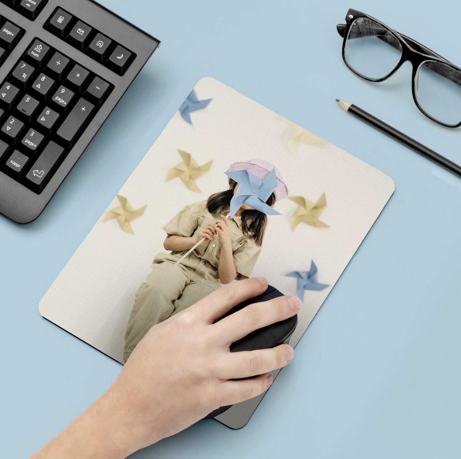 Personalized photo mousepad with a portrait on a workspace desk. Custom photo office supplies by Vivitu