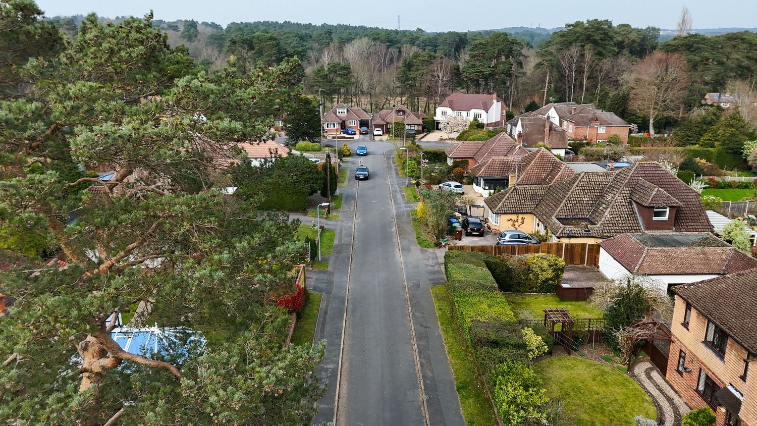 Panoramic aerial view of a residential neighborhood with tree-lined streets and suburban houses stretching into the distance.