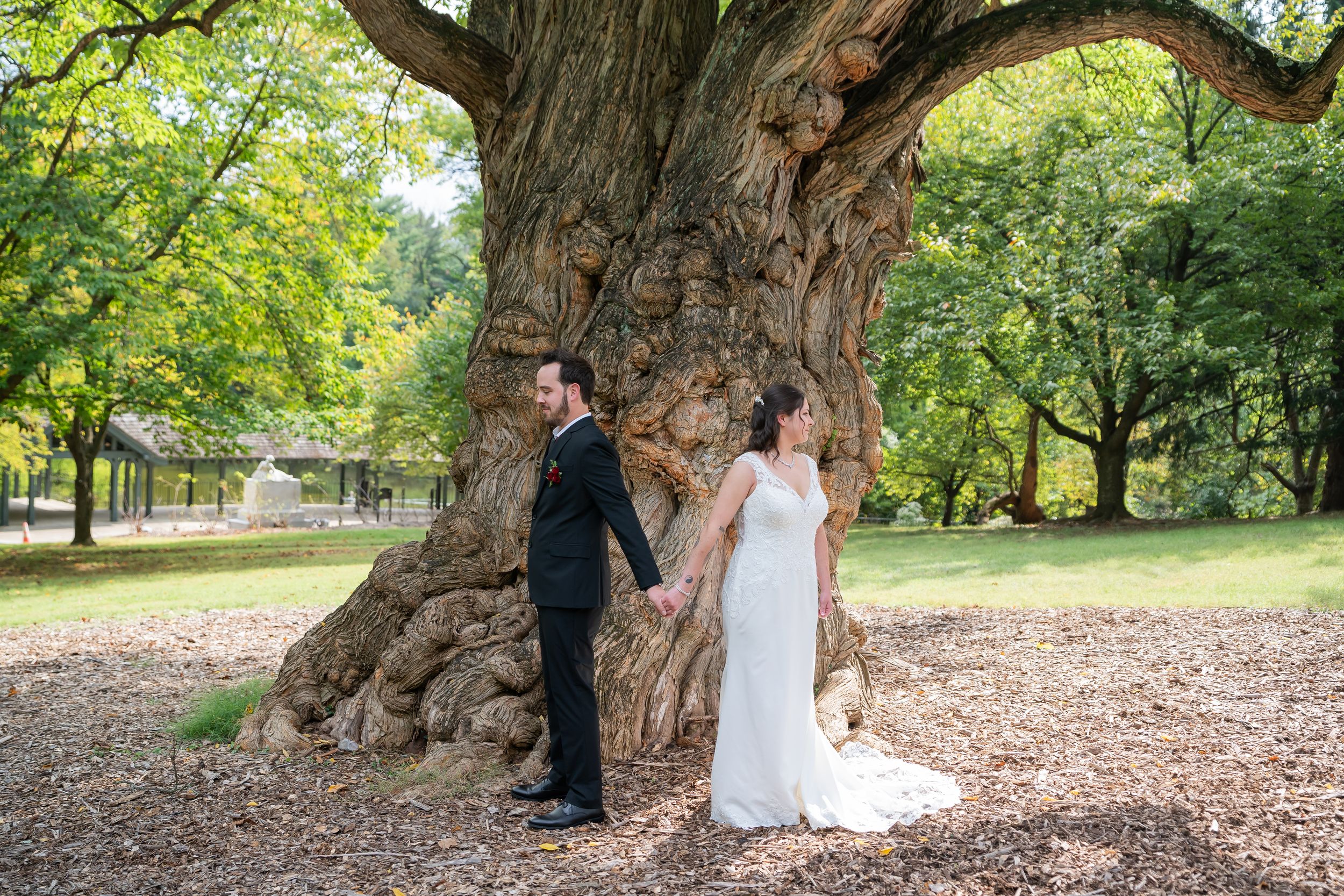A couple poses together under majestic old trees in a romantic outdoor wedding photoshoot.