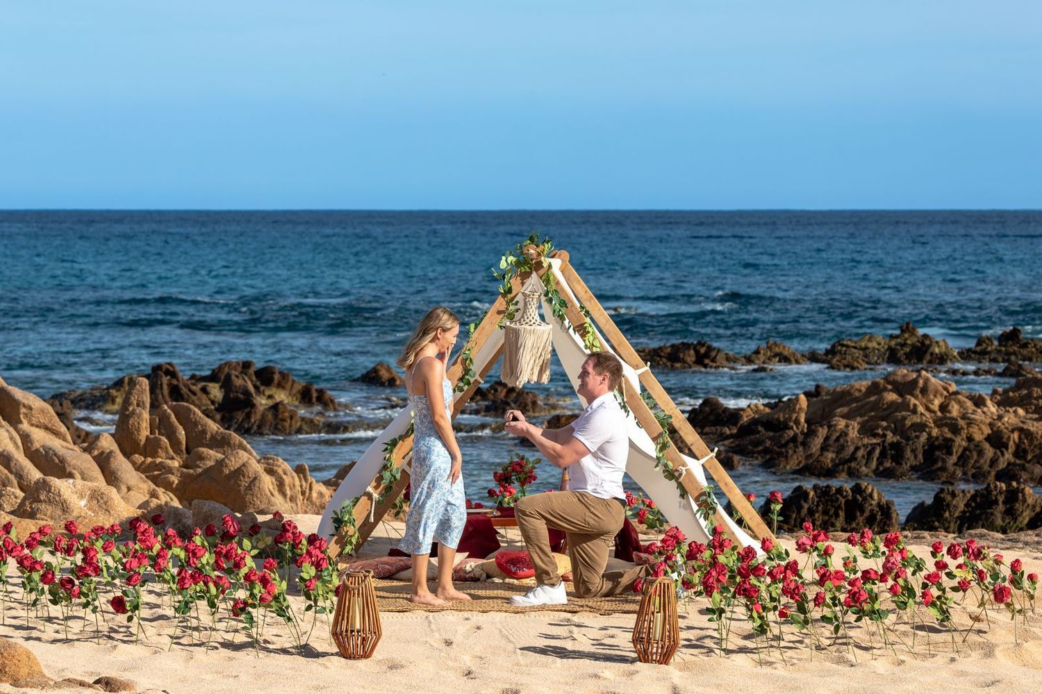 Man proposes to woman on sandy beach with rose decorations and a bamboo arch by the ocean.