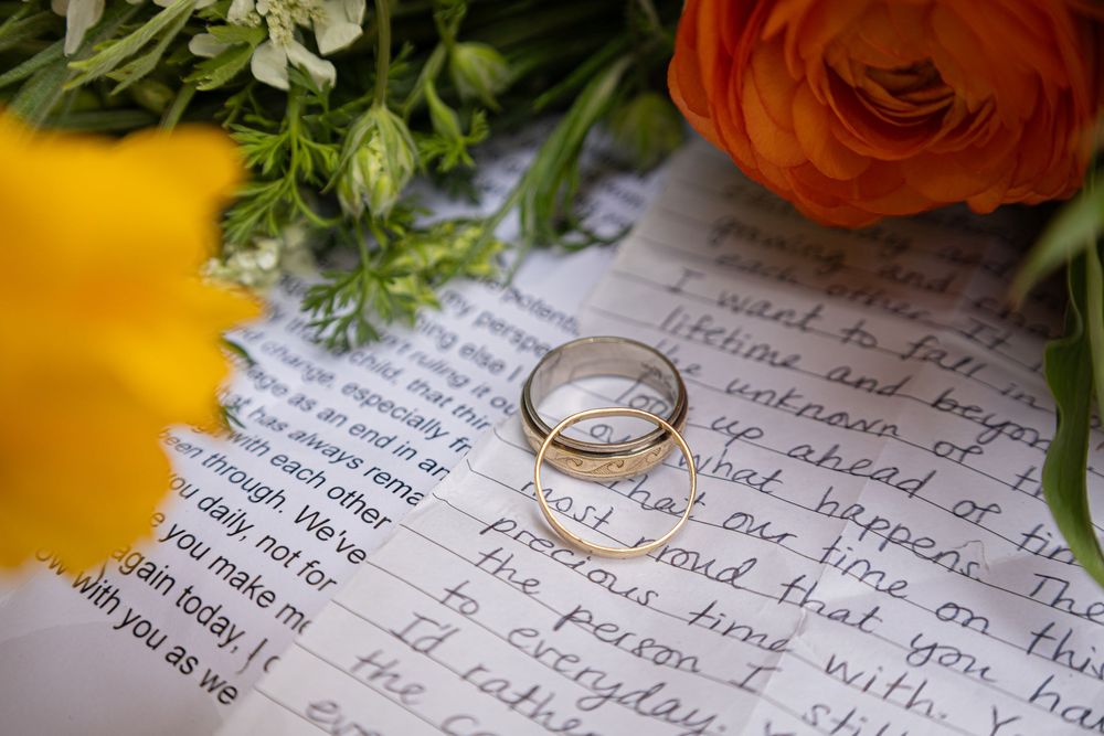 Two gold wedding bands resting on handwritten vows with orange ranunculus and yellow flowers in the background.