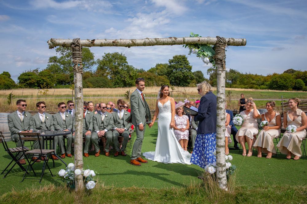 Bride and groom exchange vows beneath rustic birch arch with wedding party and guests outdoors.