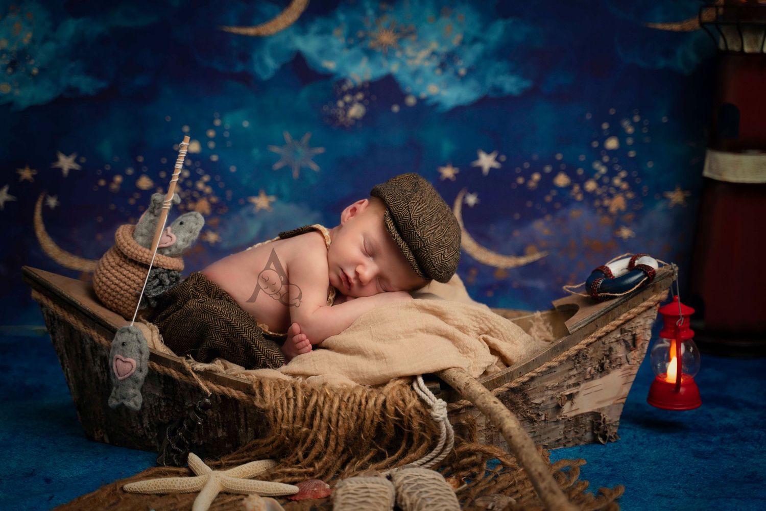 A baby sleeps on a  boat prop with a dreamy starry night backdrop and red lantern at The Affinity Studio in St Augustine and Jacksonville Fl
