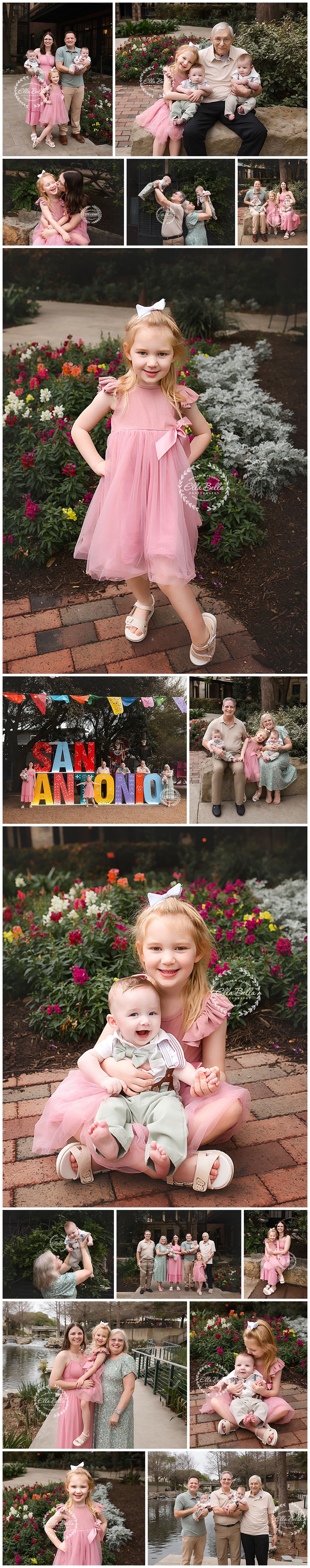 A collection of family photos featuring pink dresses and floral garden backdrops during a spring photoshoot session.