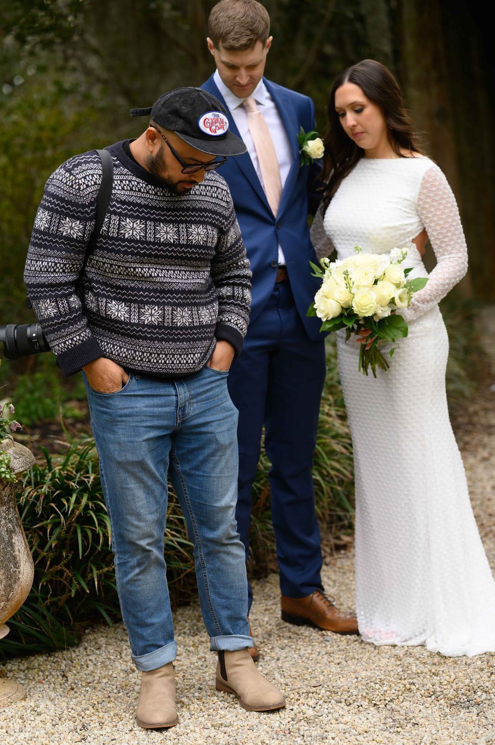A series of wedding photos showing close-up details of a patterned sweater with jeans and dress shoes against a white gown.