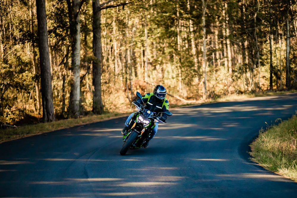 Motorcyclist riding a green bike on a winding forest road surrounded by autumn trees in golden sunlight.