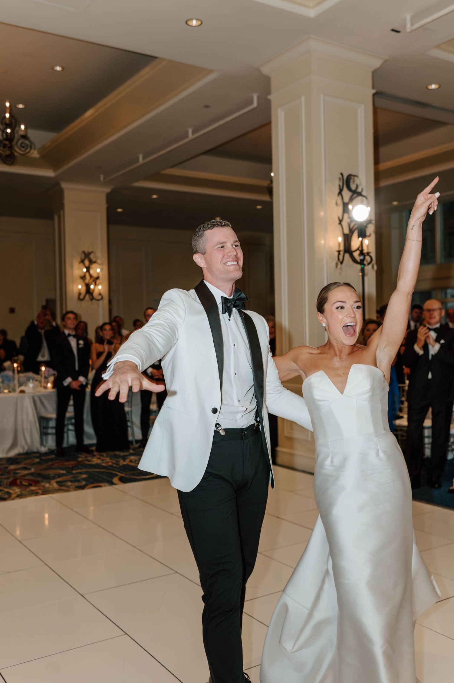 A series of wedding dance photos showing couples twirling and dancing together at an elegant reception venue.