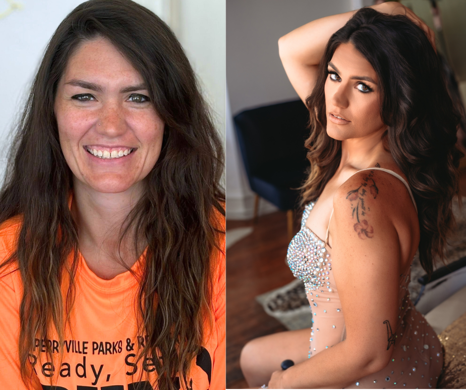 Side-by-side comparison of a woman in casual orange shirt and glamorous pose wearing sequined outfit with tattoos.