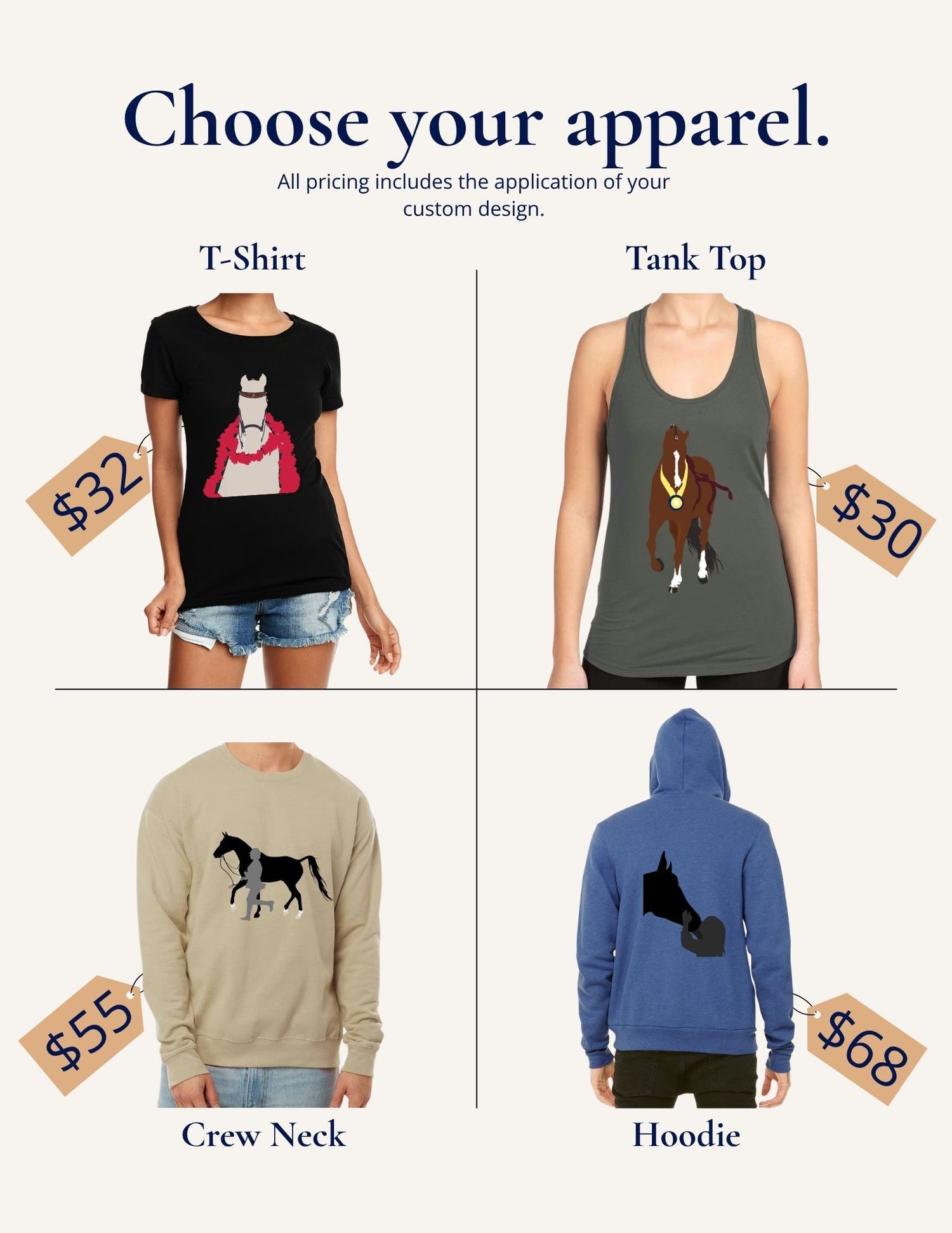 A product catalog page showing various apparel options including t-shirts, hoodies and crew neck styles with price tags.