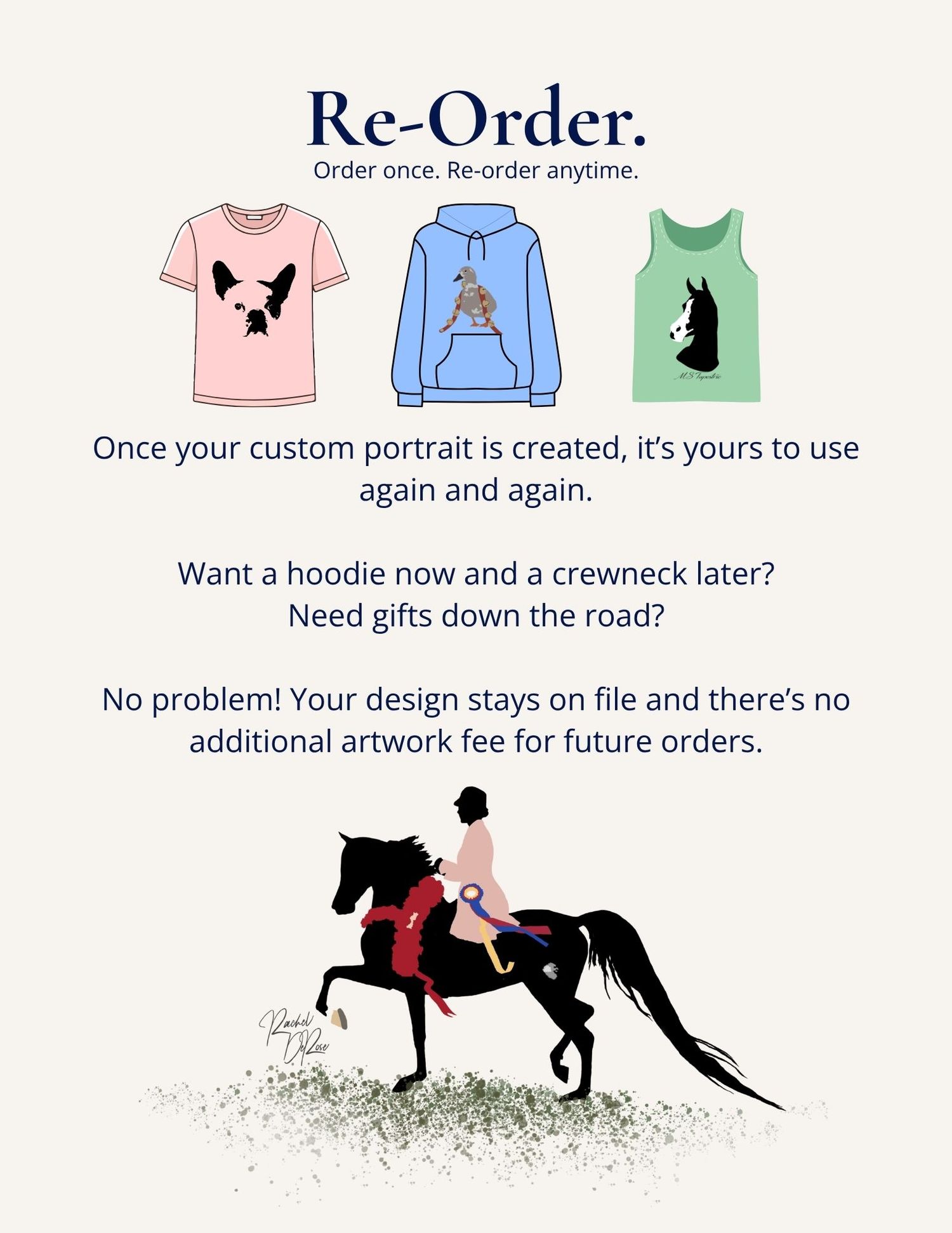 Simple line art illustration showing silhouettes of cats and dogs with clothing items in pink, blue and green colors.