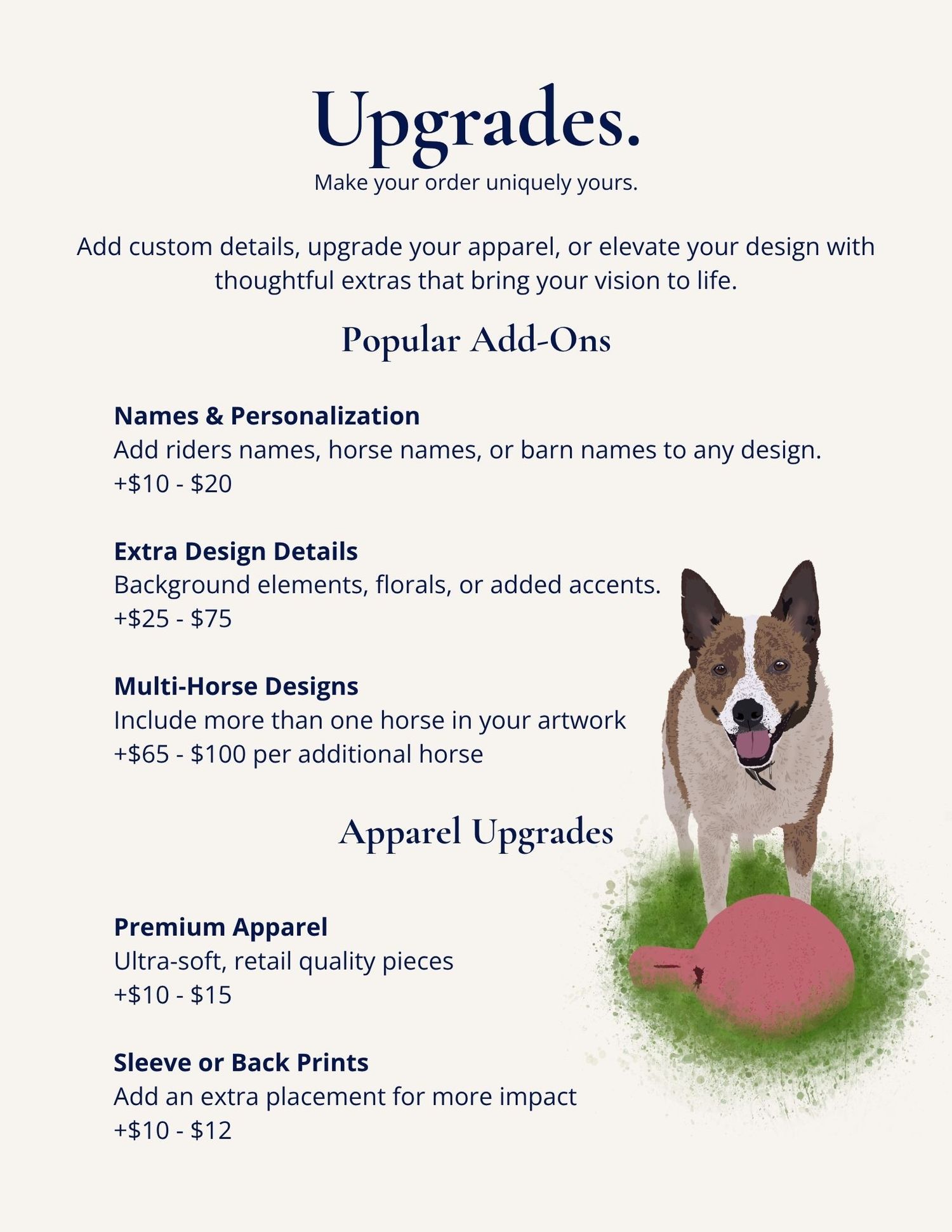 Equestrian apparel upgrade options menu showing pricing for custom details, multi-horse designs, and premium features.