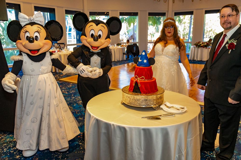 A Disney wedding reception featuring Mickey Mouse characters and a wedding party gathered around a decorated table.