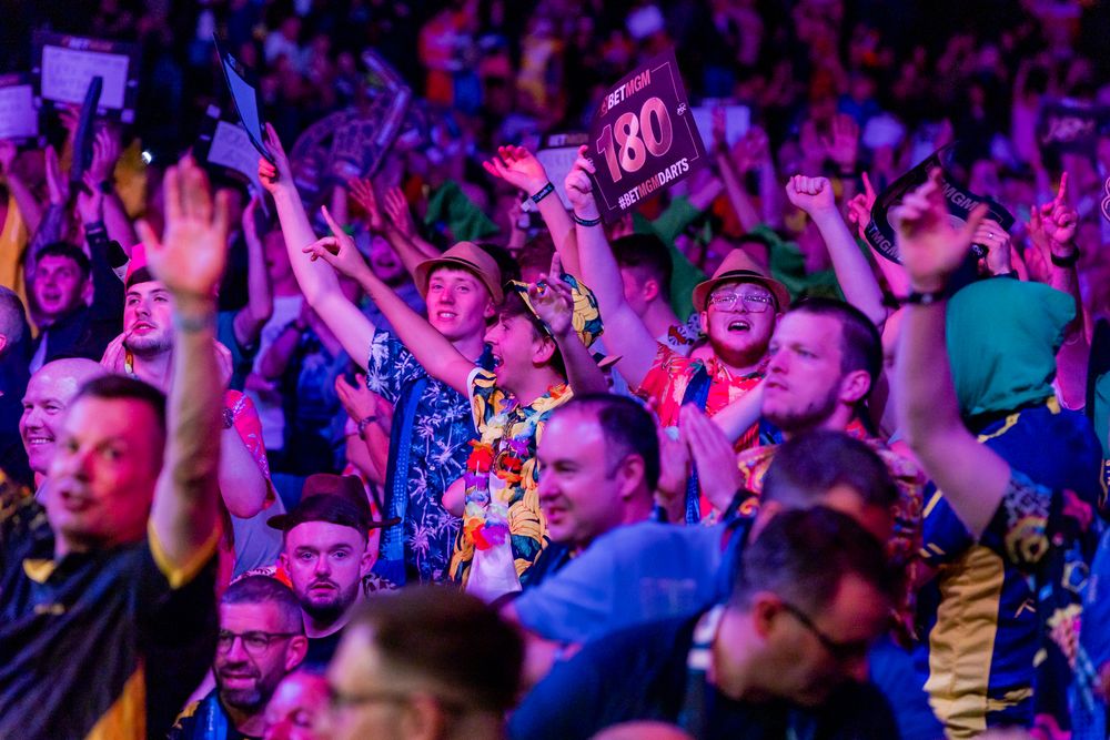 A large crowd of people at a music festival, with their hands raised and cheering enthusiastically.