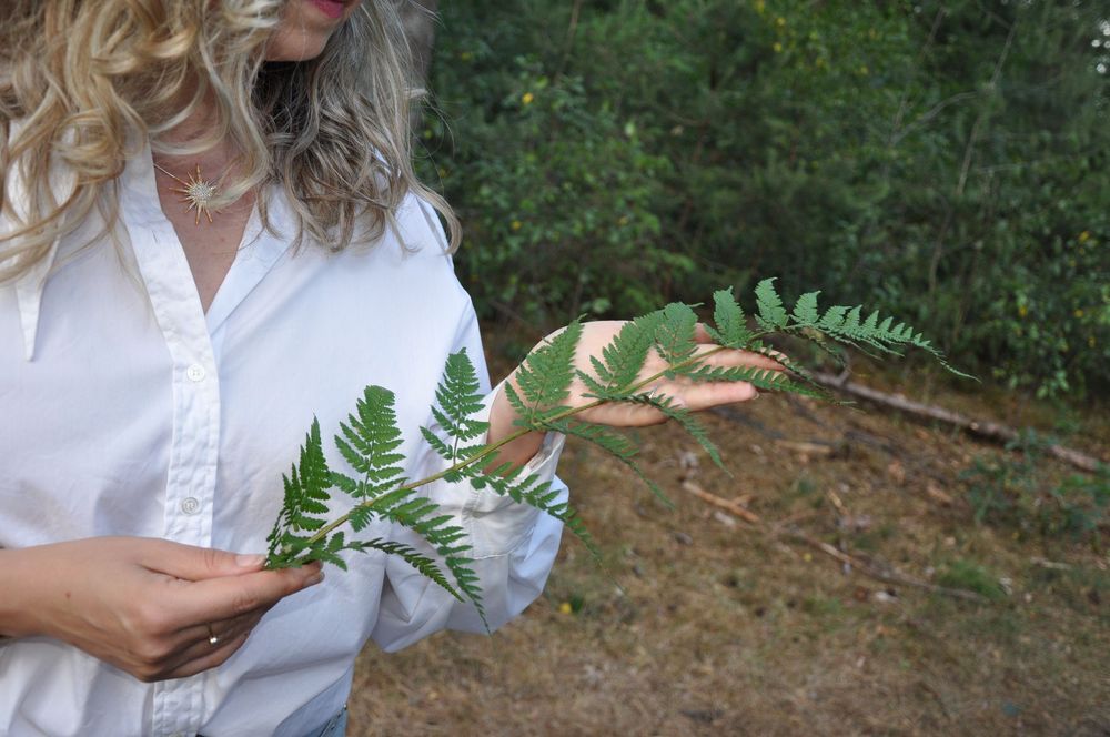 Close-up of woman holding green fern fronds in her hands outdoors in a natural setting.