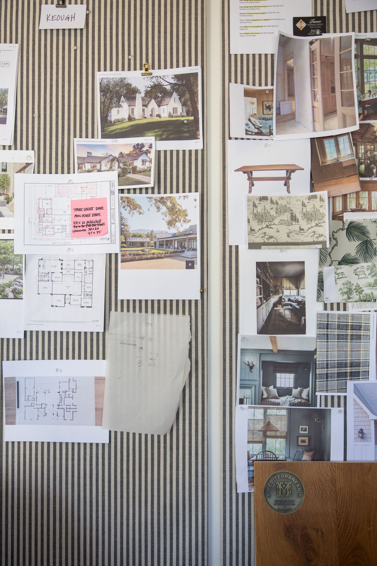 Design studio wall covered with architectural drawings, photos, and project plans showing creative workspace organization. Scottsdale, AZ