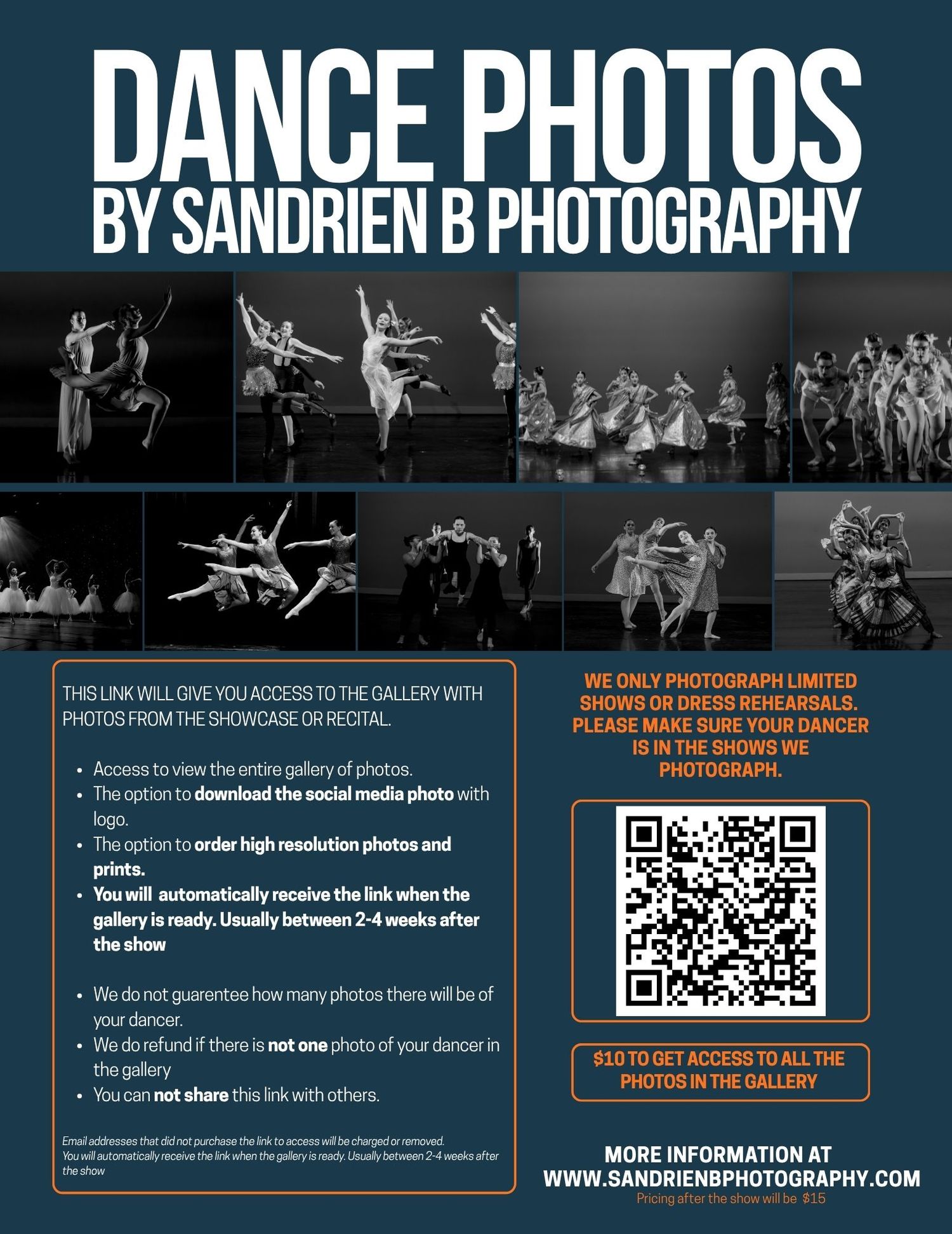 Dance photography website header with dark background showcasing multiple dance performance photos and QR codes.