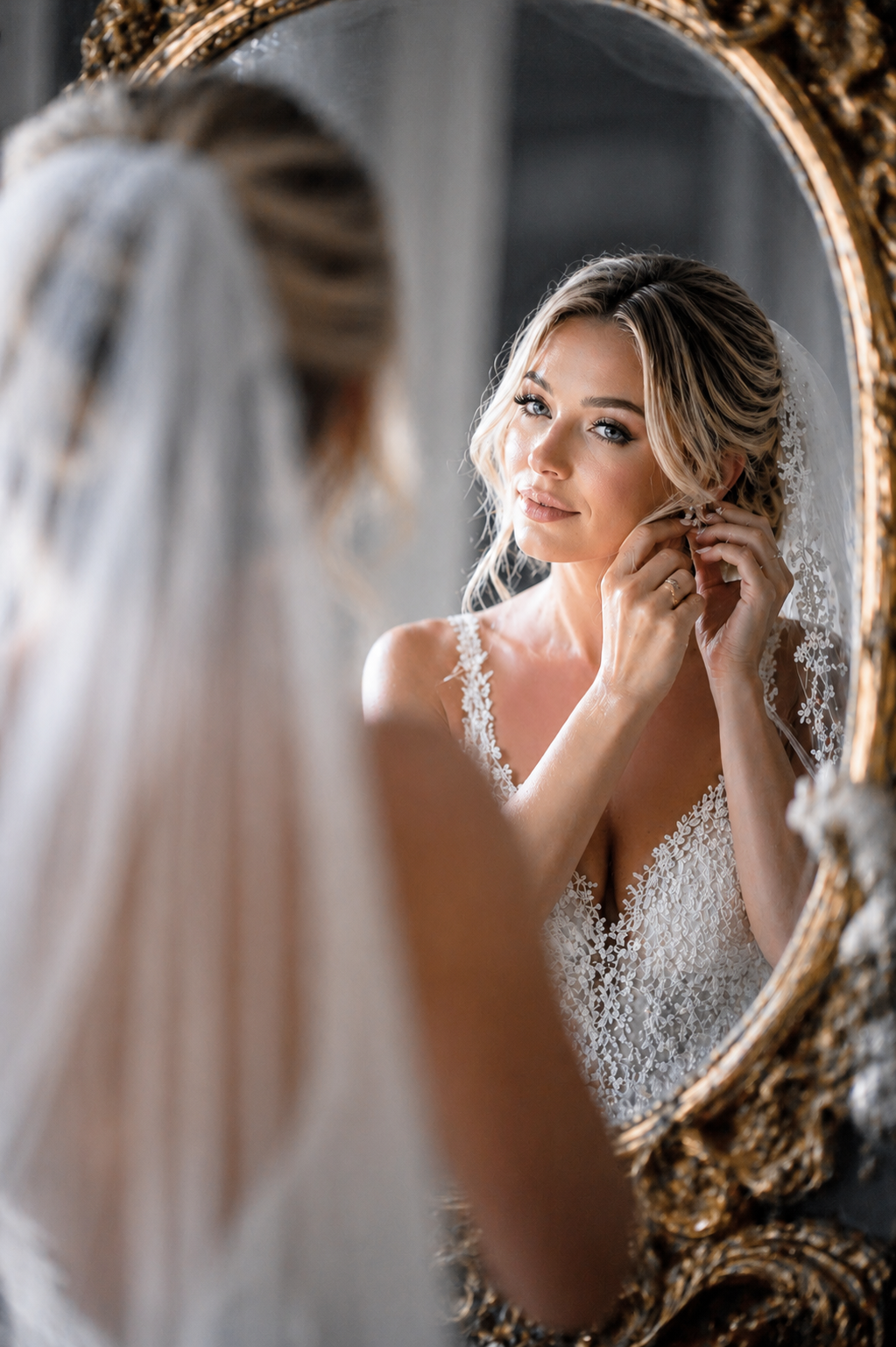 Beautiful bride adjusting earring while gazing into ornate gold oval mirror in lace wedding gown.