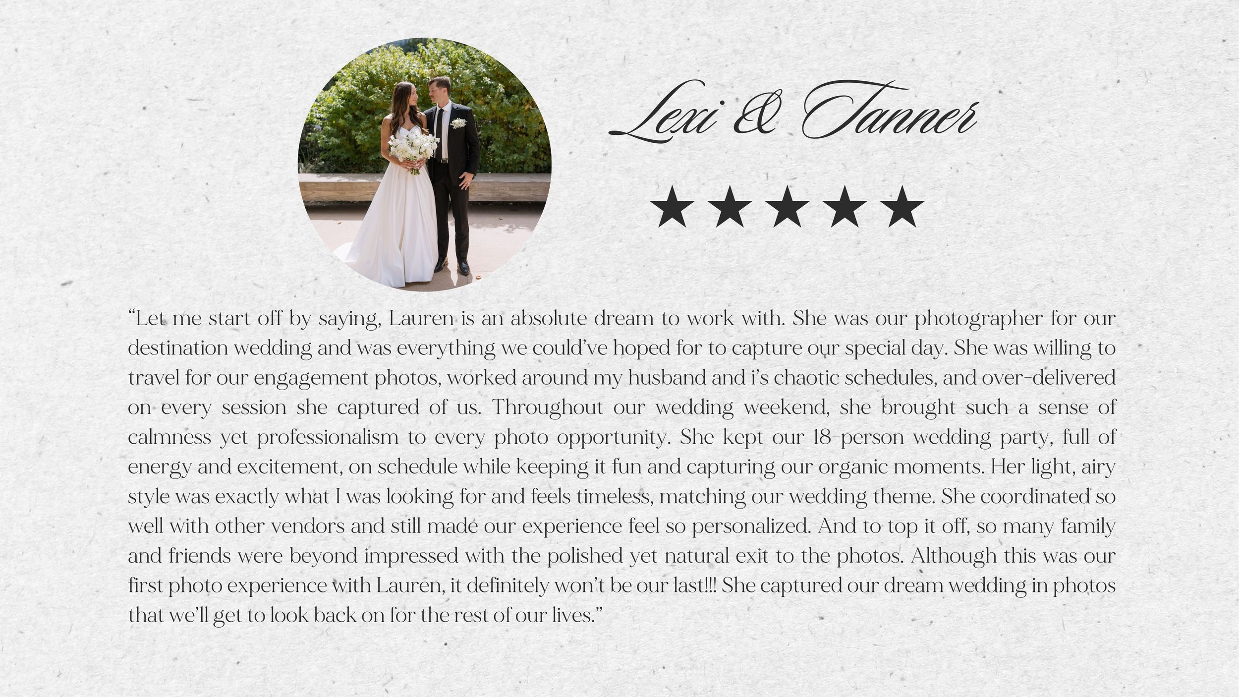 Five-star wedding review slide featuring Lexi and Tanner with a romantic couple photo and glowing testimonial text.