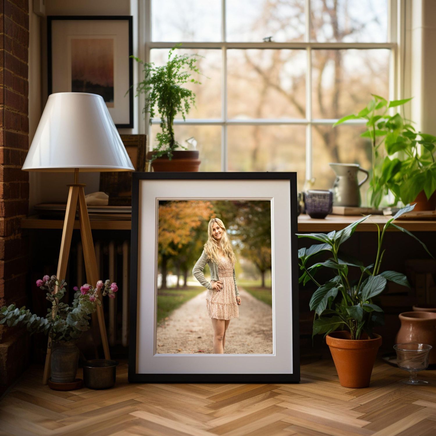 Framed portrait photo of a young blonde woman in a pink dress displayed on a wooden shelf by a window.