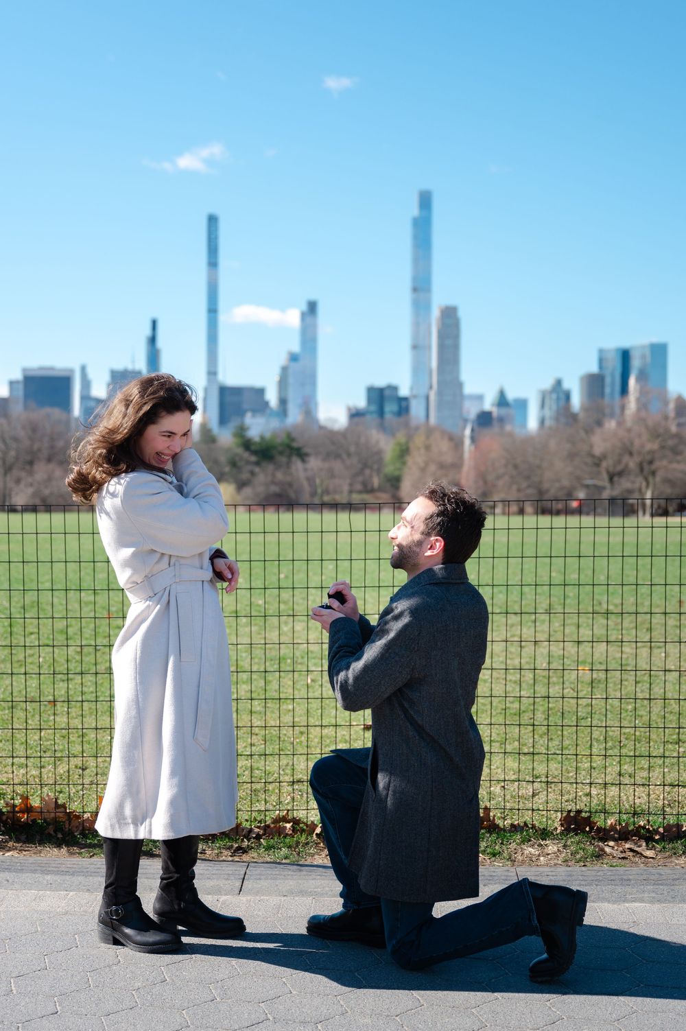 A couple shares a romantic marriage proposal moment in Central Park with the Manhattan skyline in the background.