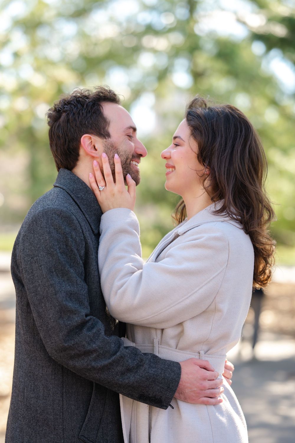 A couple shares intimate romantic moments outdoors in a series of three connected photos with natural lighting.
