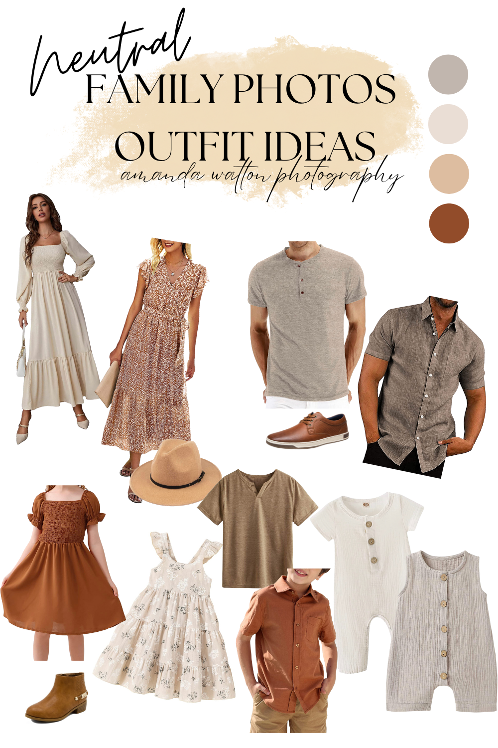 Neutral family photo outfit ideas featuring earthy tones, linen fabrics, and coordinated styles.