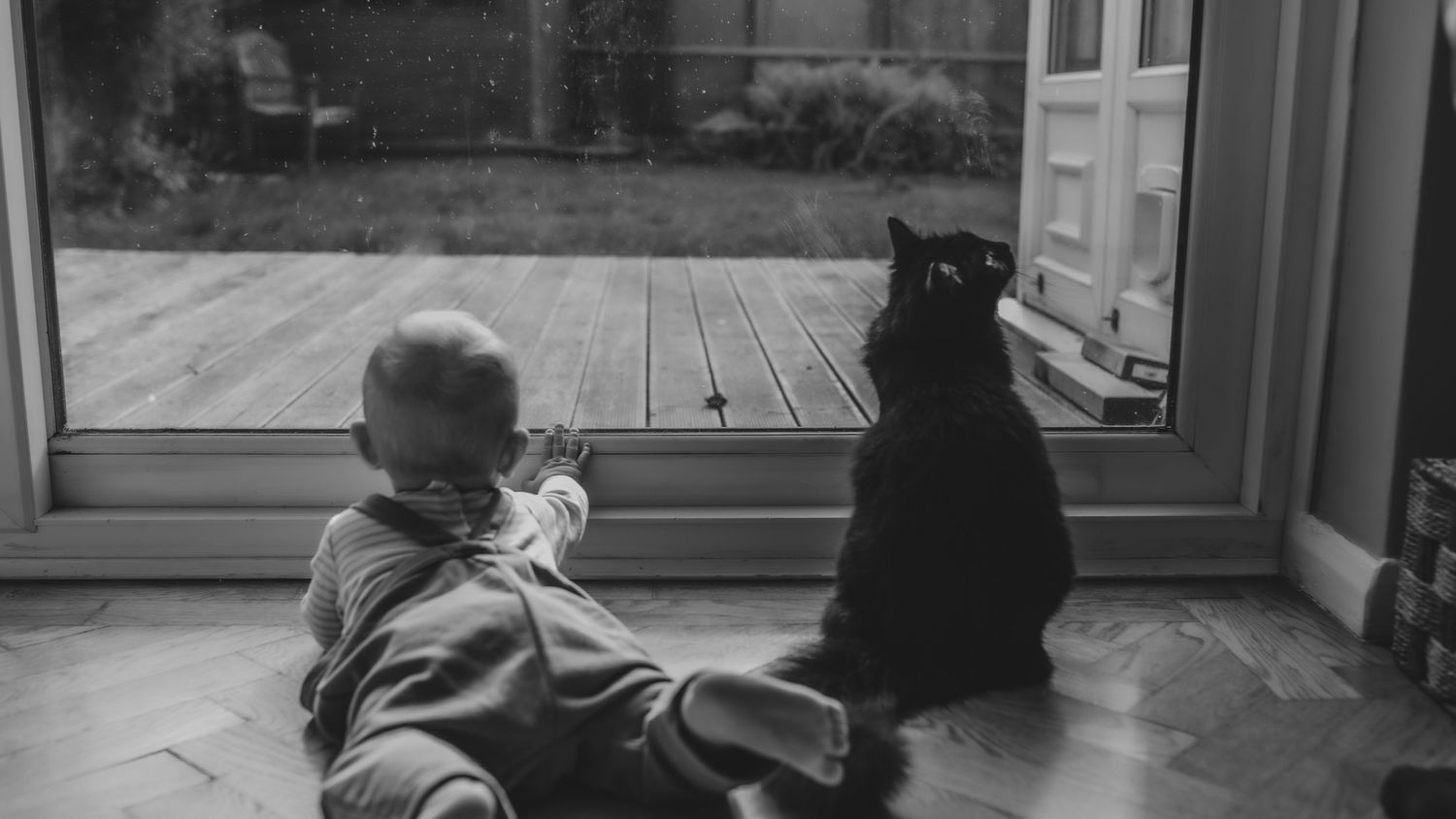 Three black and white photographs show people gathered in what appears to be a cozy indoor setting.