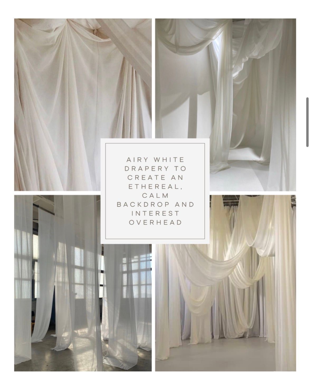 Ethereal white fabric drapes create a dreamy canopy installation in an interior space with natural lighting.