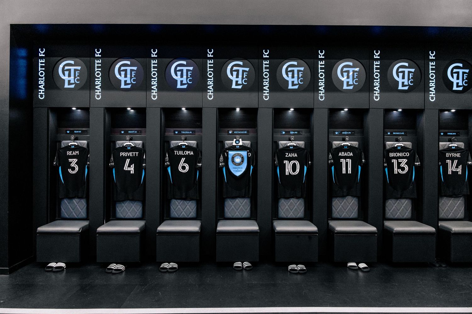 Charlotte FC Fortress Kit jerseys displayed across numbered locker room stalls in the team facility.