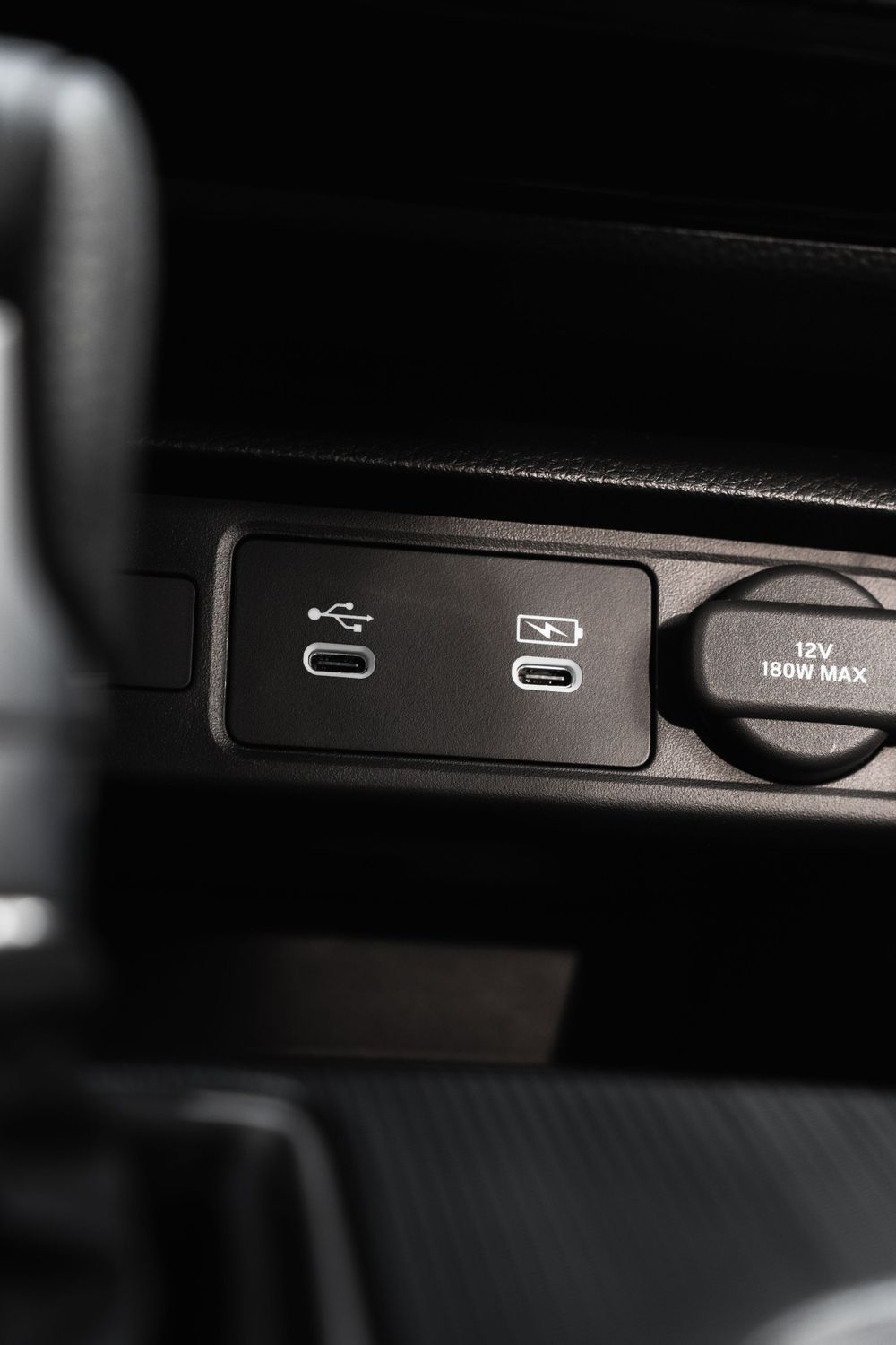 USB and charging ports in a modern vehicle interior. Mtlshutter photography