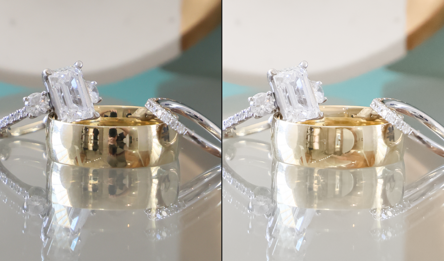 Close-up of an engagement ring with diamond detail reflecting on a mirrored surface.