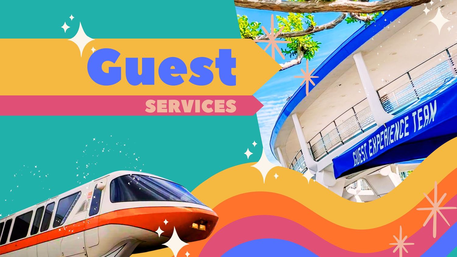 Modern design featuring monorail and Guest Services text with retro-styled elements.