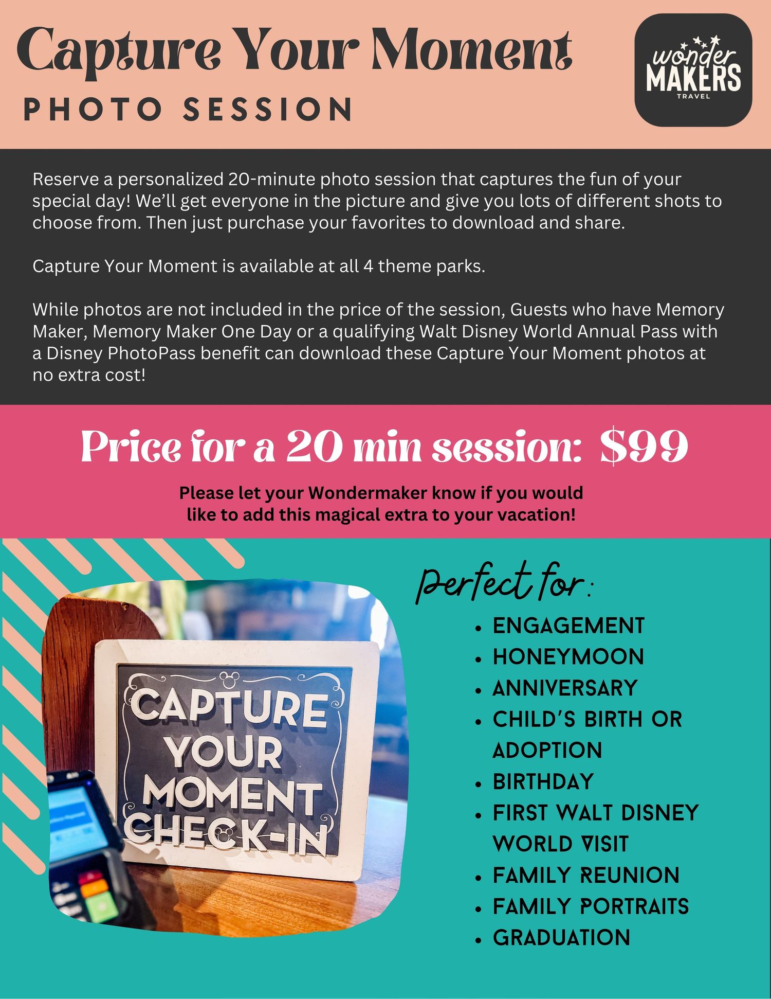 Price list for Disney photo session package showing $99 cost and occasion suggestions.