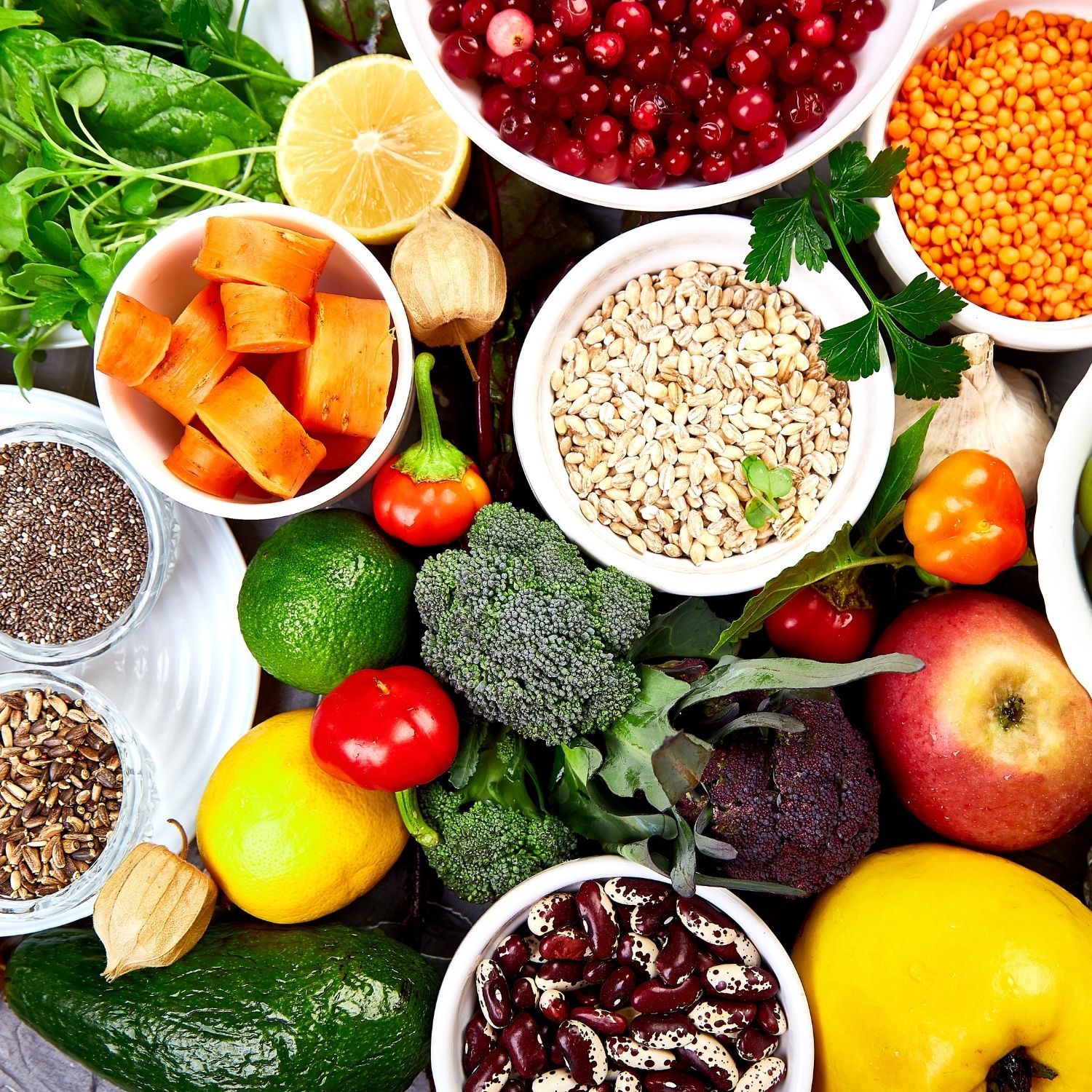A lay-flat of healthy food. Fruits, vegetable and grains.