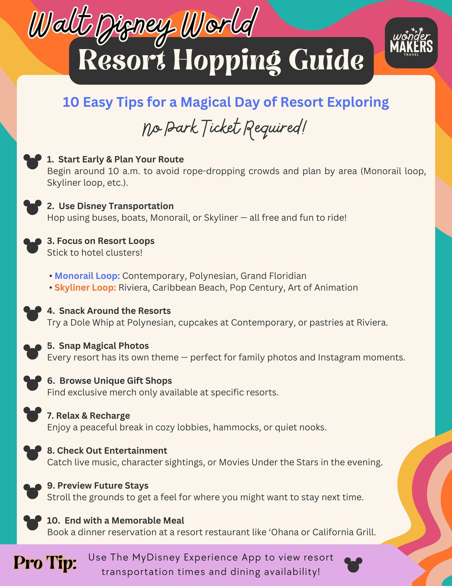 A Walt Disney World Resort hopping guide showing tips and suggestions for exploring different resorts.