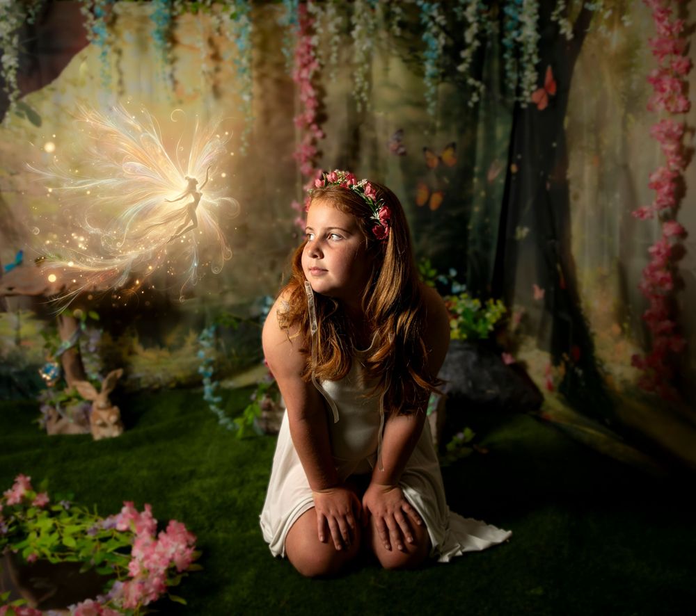 Enchanted fairy-themed photo series with magical lighting effects and floral decorations in a dreamy forest setting.