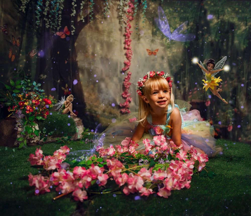 A magical forest scene with pink cherry blossoms and glowing lights creating an enchanted atmosphere.