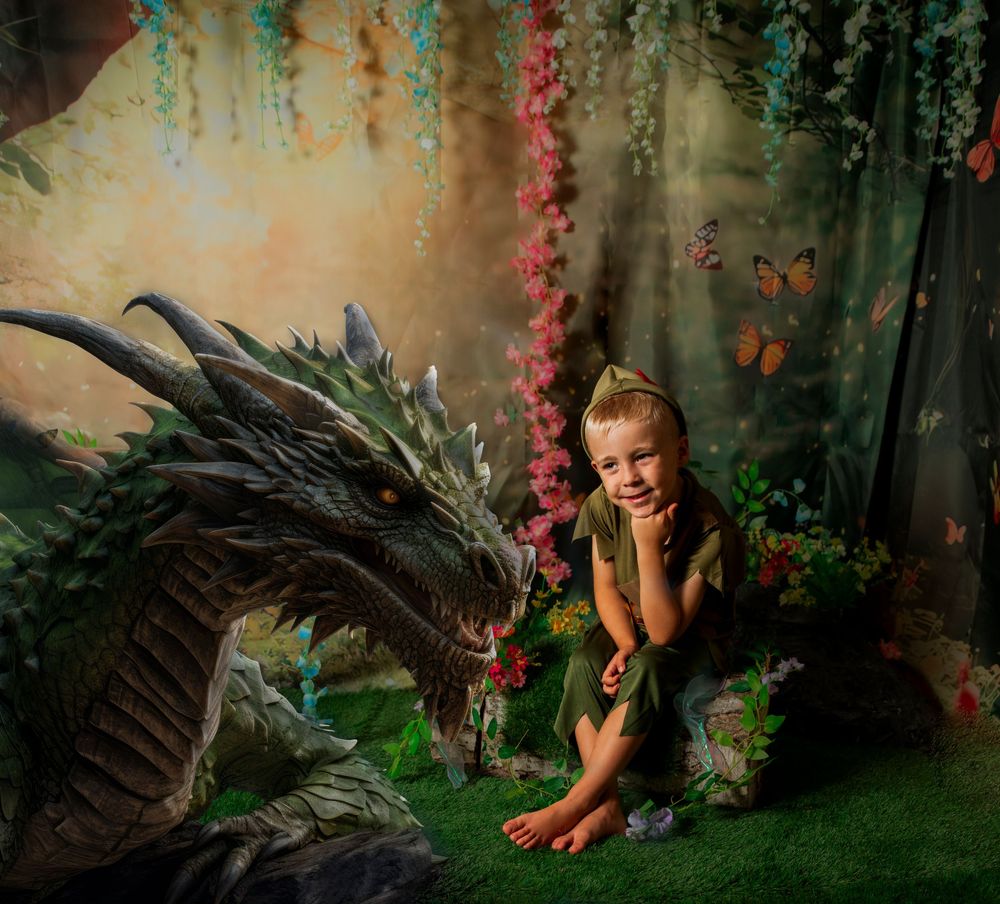 Fantasy portrait in an enchanted forest setting with a dragon and butterflies amid hanging vines and magical lighting.