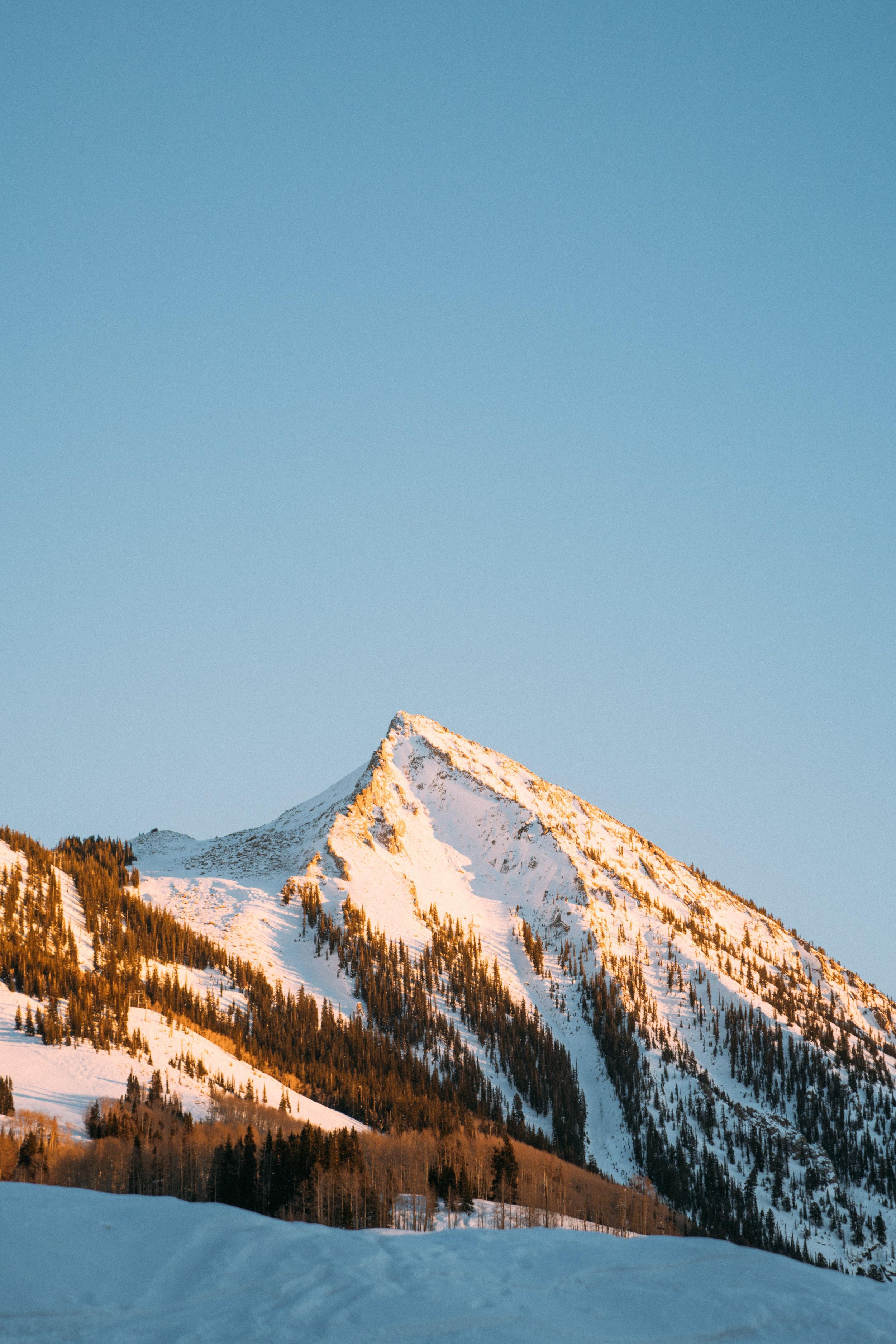 Snow-capped mountain peaks bathed in warm alpenglow light against clear blue sky.