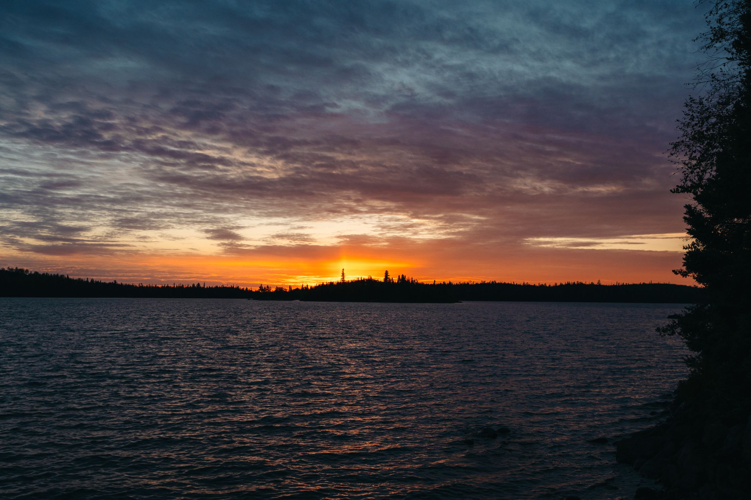 Stunning sunset over a lake with silhouetted trees and orange sky reflected in dark waters.