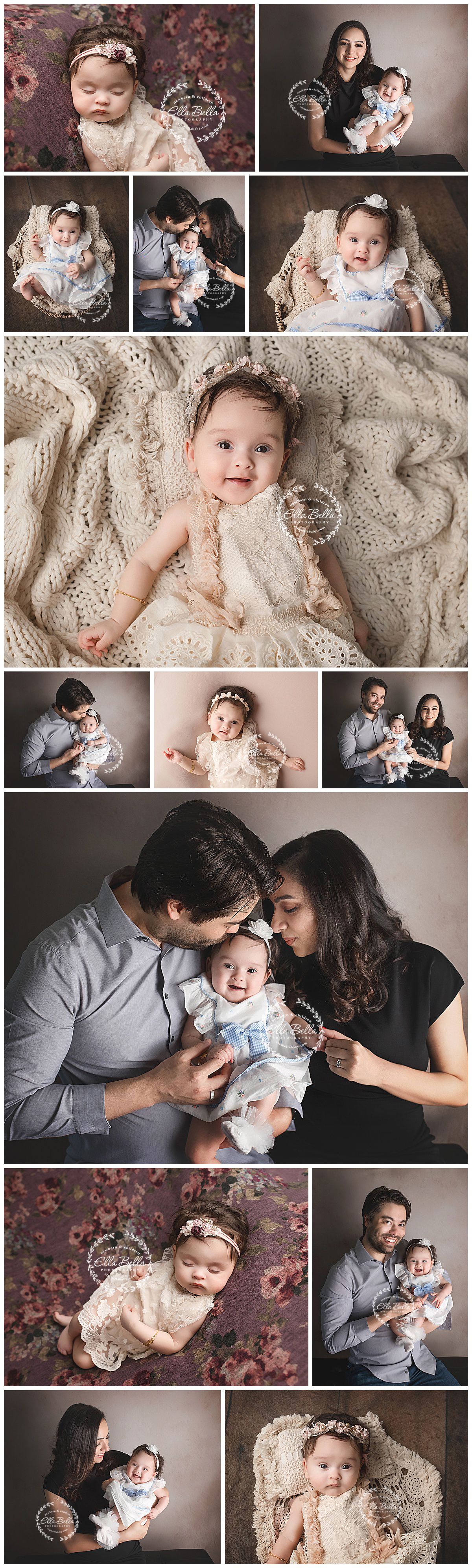 A collection of professional studio portraits featuring a baby and parents in soft, neutral tones with vintage lace details.