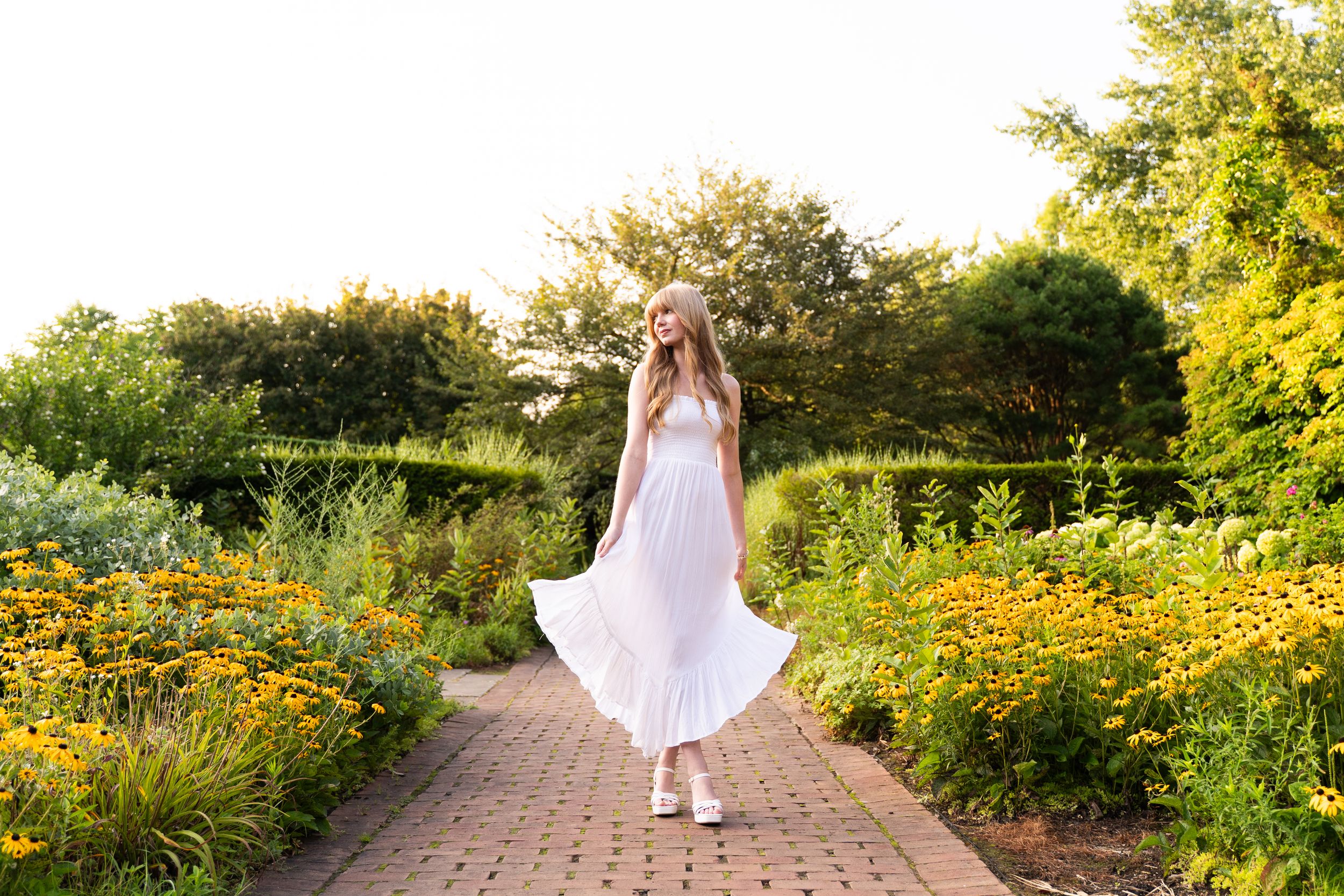 A scenic garden pathway in summer with yellow flowers and greenery lining both sides of a winding brick walkway.