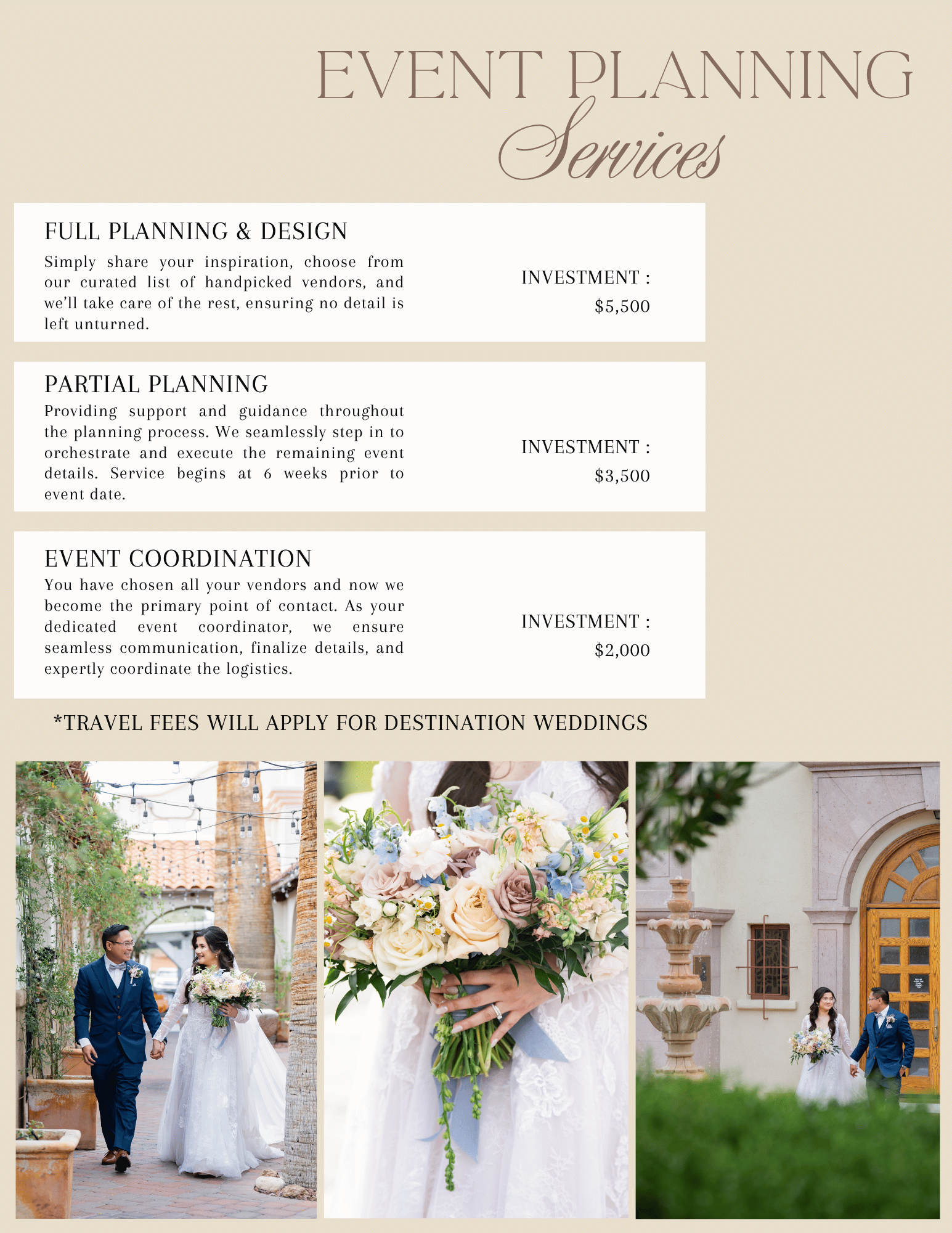 Wedding planning services price list with three tiers displayed alongside elegant floral and outdoor ceremony photos.