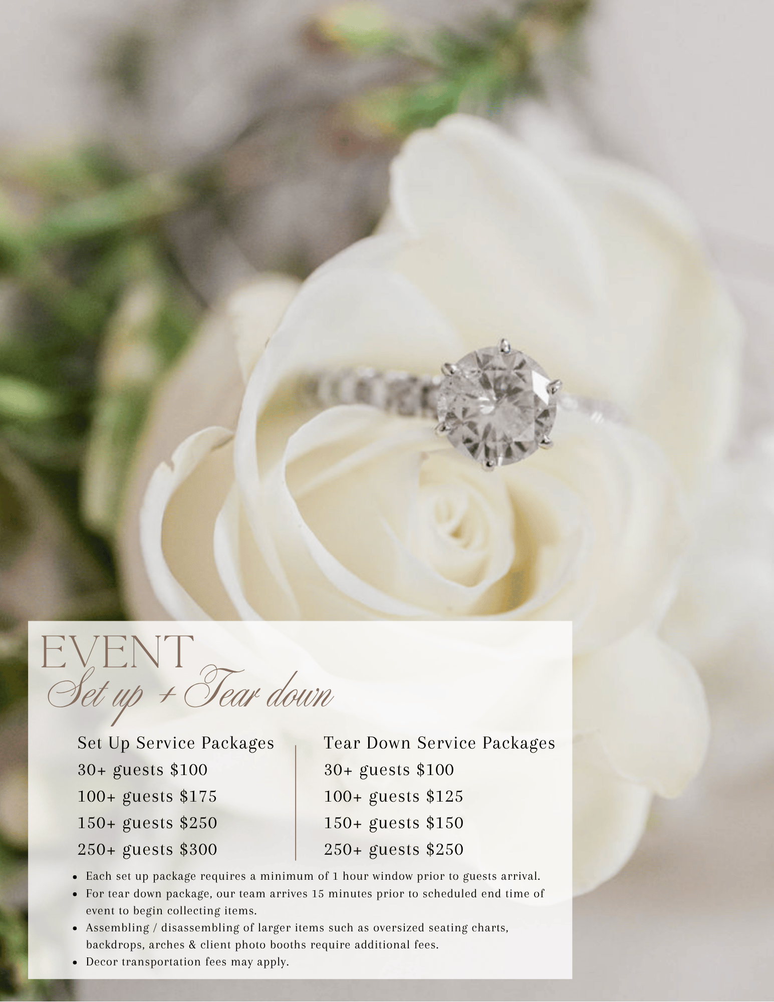 White rose with diamond engagement ring photographed in elegant macro detail with wedding stationery and text in background.