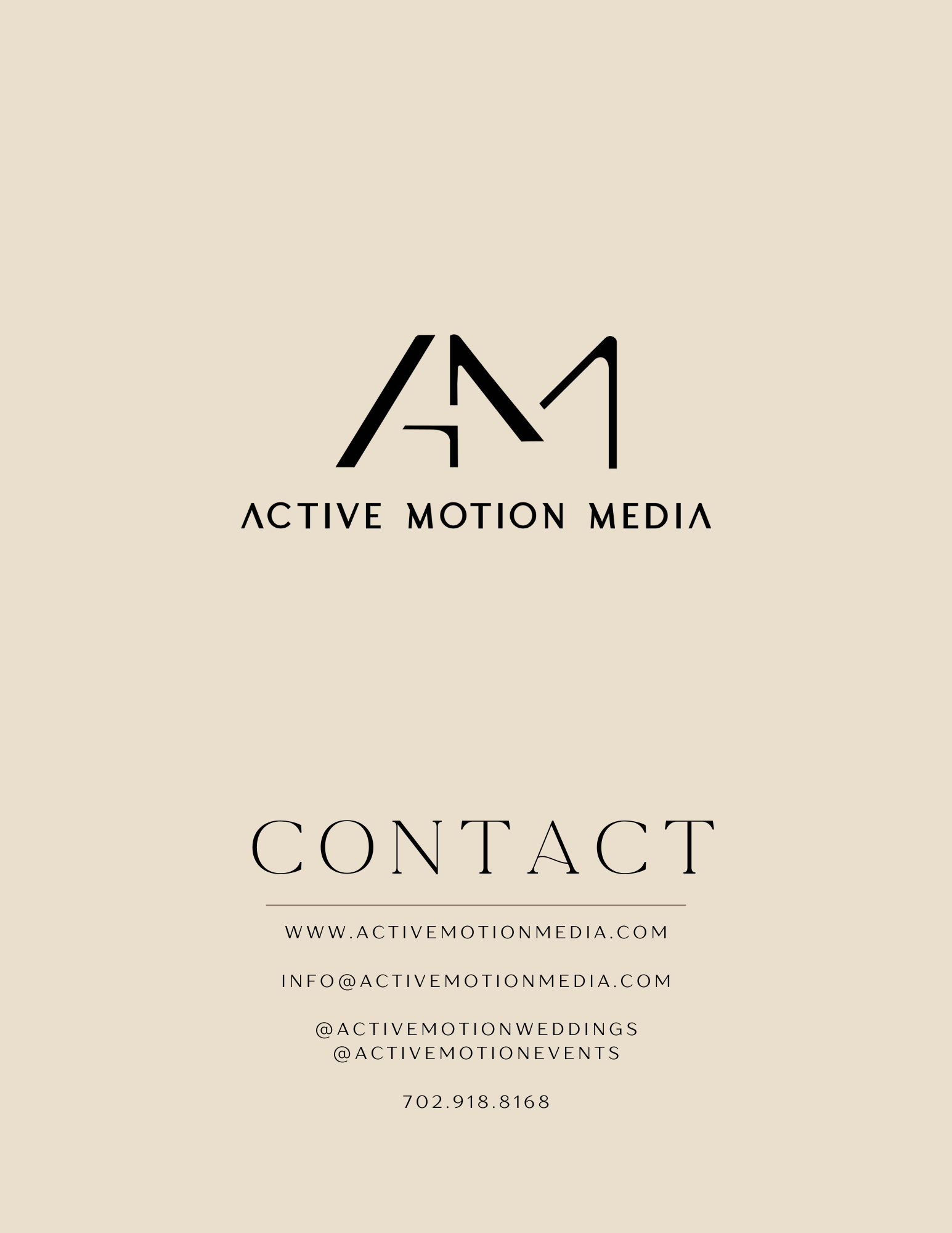 Elegant minimalist branding design for Active Motion Media featuring contact information and logo.