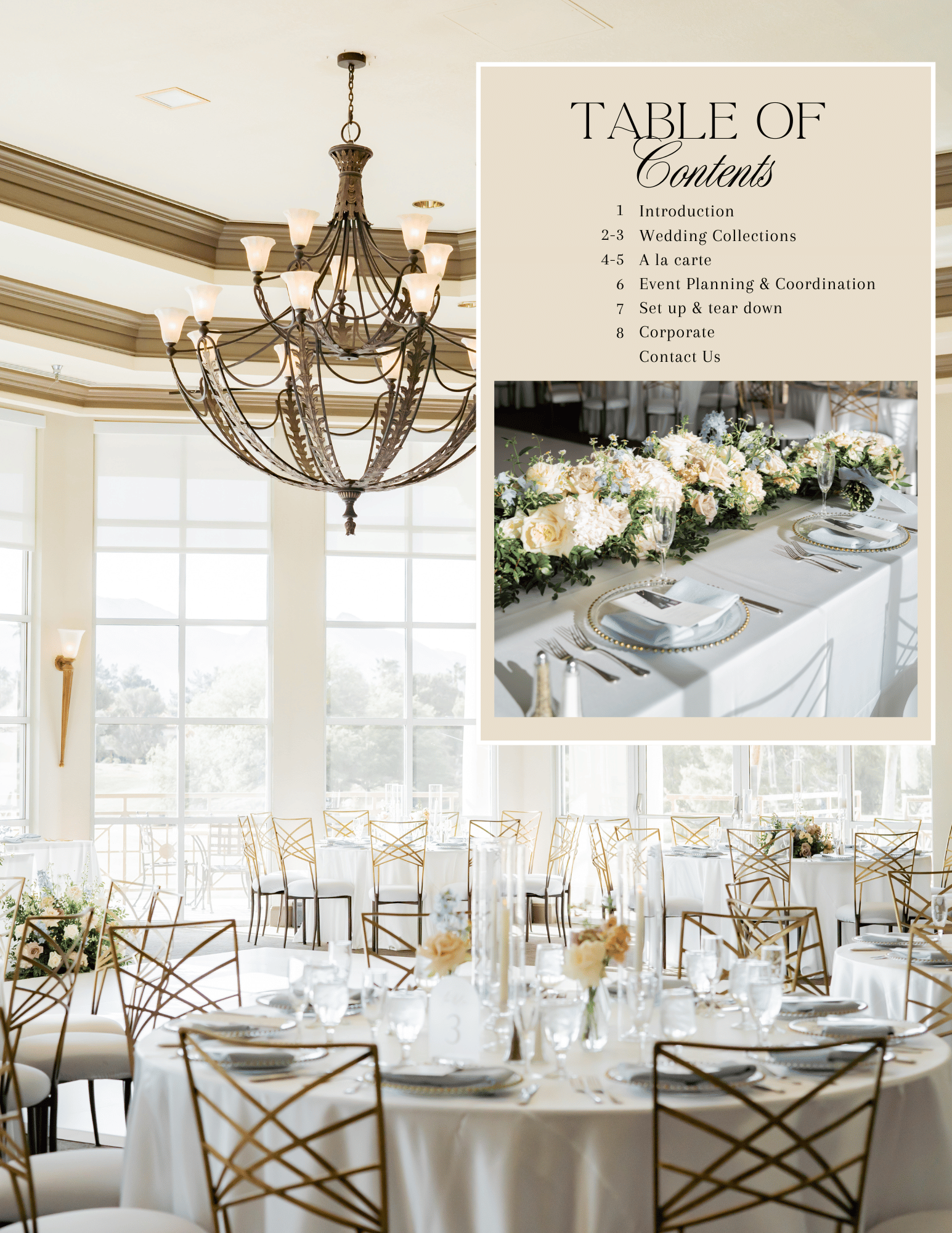 Elegant wedding reception venue featuring a grand chandelier, white tables, and a table of contents sign with event details.