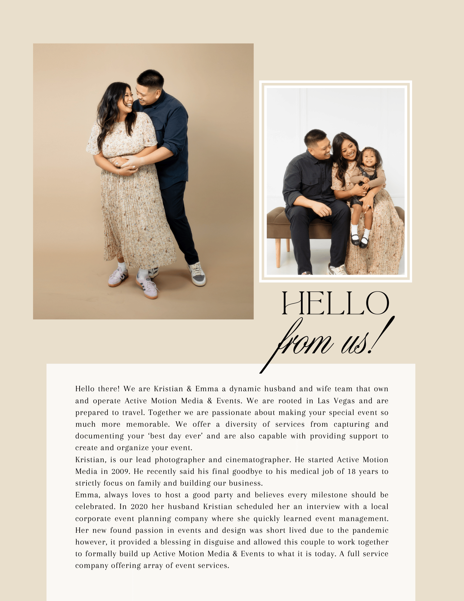 Wedding photography portfolio layout featuring multiple romantic couple portraits in warm neutral tones.
